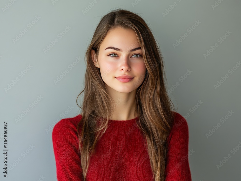 Obraz premium A young woman with long hair smiling against a neutral background.
