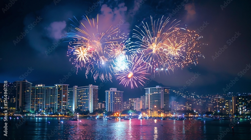 Obraz premium Spectacular Fireworks Display Over Waikiki Beach at Night