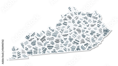 Kentucky shape text cloud. State border with shadow on white background. Kentucky with counties division in vintage gazette style. Beautiful vector illustration.