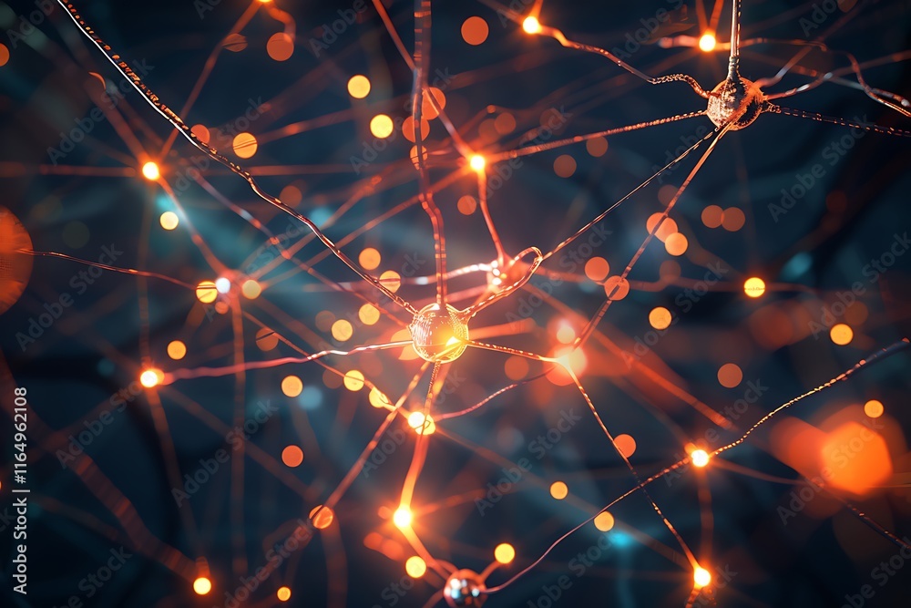 Obraz premium Illuminated Neural Network Brain Cells, Synapses, Connections, Glowing, Complex, Intricate, Network,