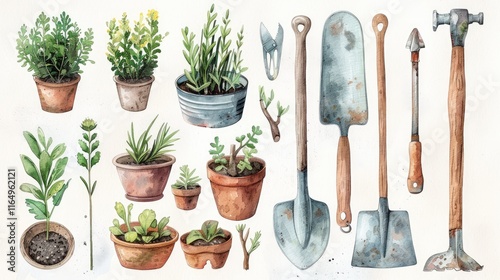 A watercolor illustration of various potted plants and gardening tools.