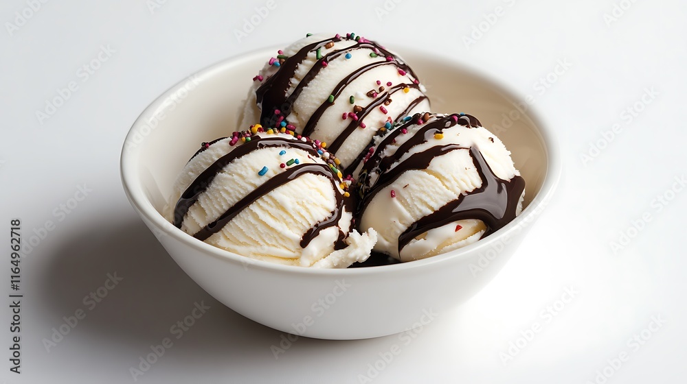 A scoop of vanilla ice cream topped with chocolate syrup and sprinkles served in a white bowl on a plain white background A scoop of vanilla ice cream topped with chocolate syrup and sprinkles served in a white bowl on a plain white background
