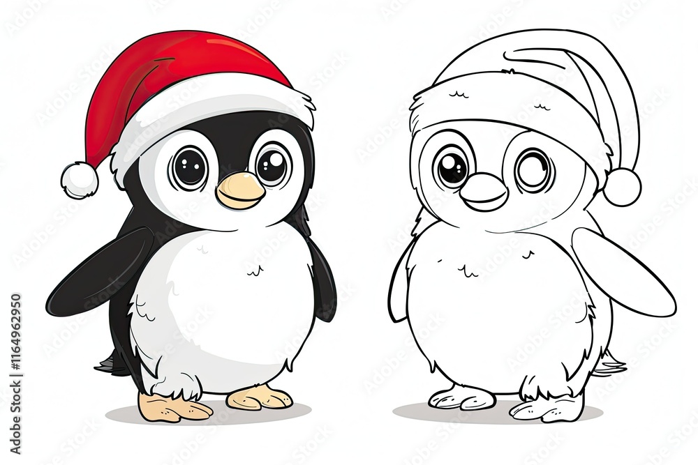 Fototapeta premium Black-and-white Christmas coloring page and its vibrant colored version for kids