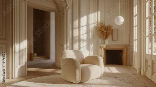 Sunlit beige armchair in elegant room.