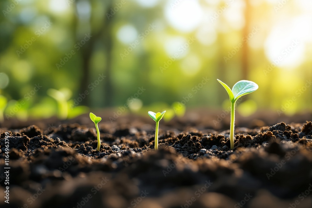 Fototapeta premium Green seedlings sprouting from dark soil in a sunny outdoor environment, with a blurred forest background. Concept of growth, nature, and sustainability. Ai generative