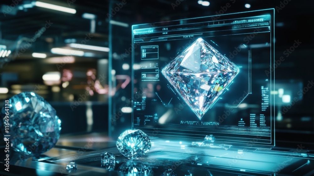 Fototapeta premium Discover cutting-edge technology with a futuristic digital interface showcasing advanced holographic designs in a modern tech lab environment.