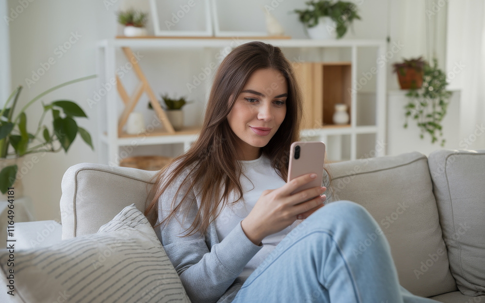 Casual lifestyle with woman sitting on sofa and texting Casual lifestyle with woman sitting on sofa and texting