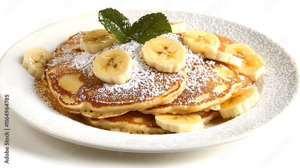 An overhead view of pancakes garnished with sliced bananas and powdered sugar on a plain white background An overhead view of pancakes garnished with sliced bananas and powdered sugar on a plain white background
