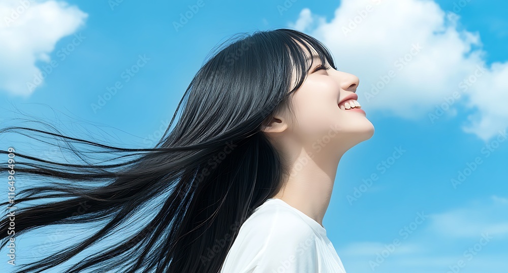 Young woman with long black hair smiling joyfully against a bright blue sky with fluffy white clouds. Young woman with long black hair smiling joyfully against a bright blue sky with fluffy white clouds.