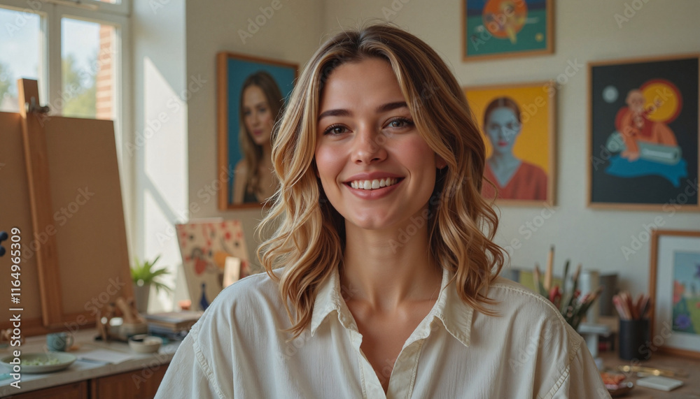 Smiling woman in art studio with colorful paintings in background, International Women's Day
Smiling woman in art studio with colorful paintings in background, International Women's Day