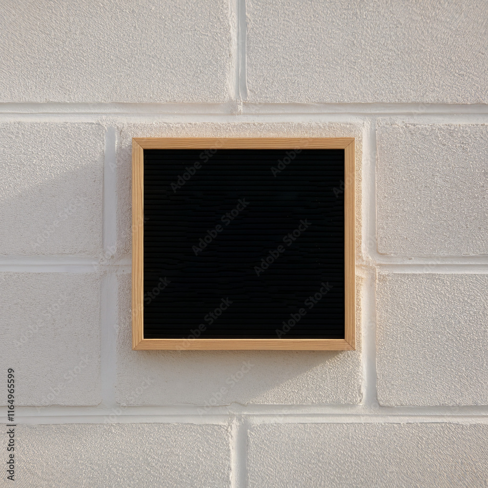 Fototapeta premium Minimalist black square board on a textured white brick wall surface. Minimalist empty message board for custom message on a textured surface.