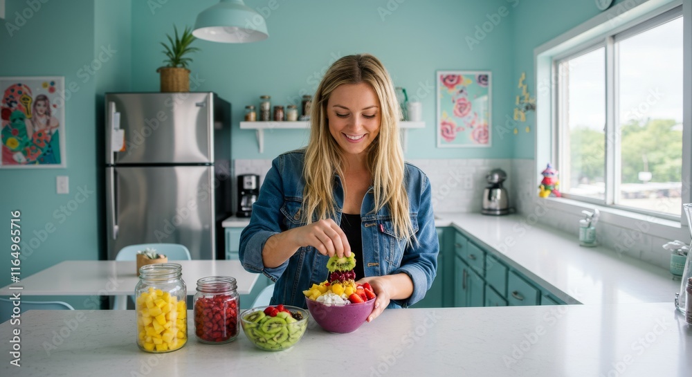 Woman preparing fresh fruit salad in modern kitchen Woman preparing fresh fruit salad in modern kitchen