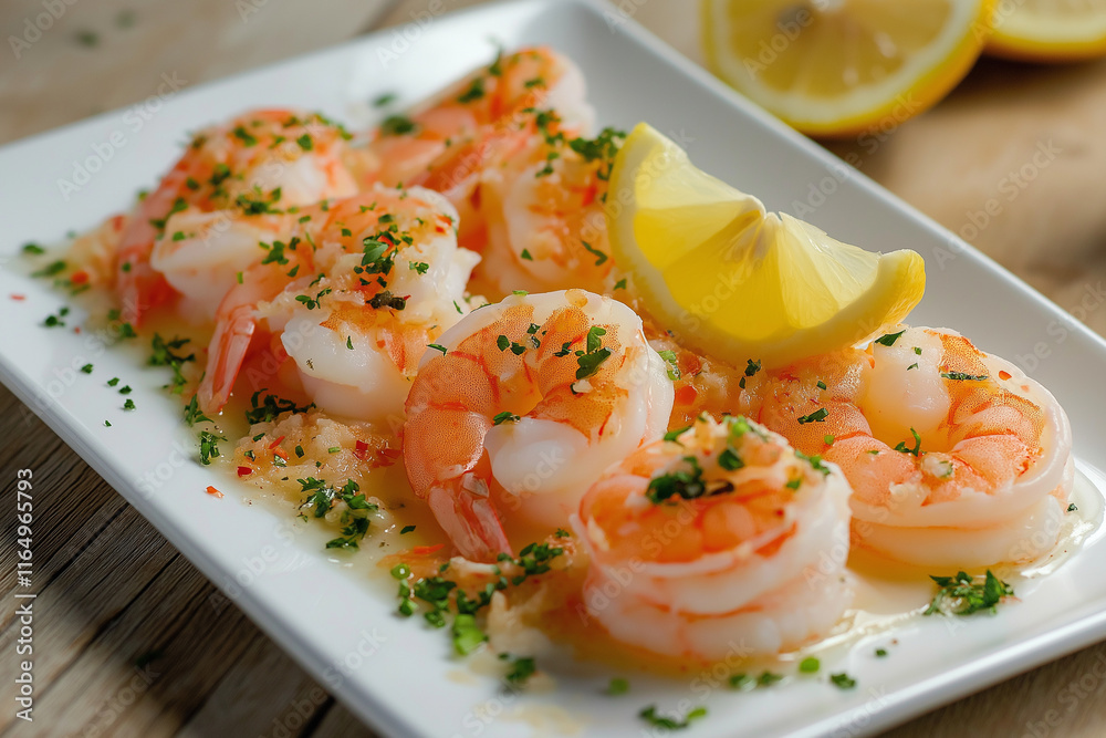 Delicious steamed shrimps seasoned with lemon and parsley, creating an enticing seafood dish Delicious steamed shrimps seasoned with lemon and parsley, creating an enticing seafood dish
