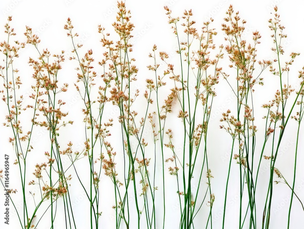 Obraz premium A collection of delicate, slender plant stems with small flowers against a white background.