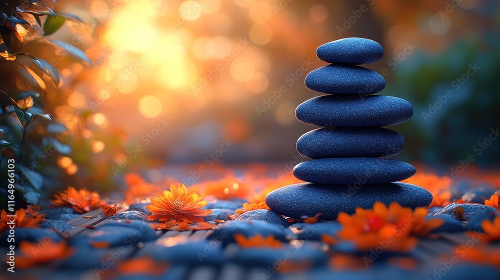 Obraz premium Balanced dark grey stones on wooden path with orange flowers at sunset.