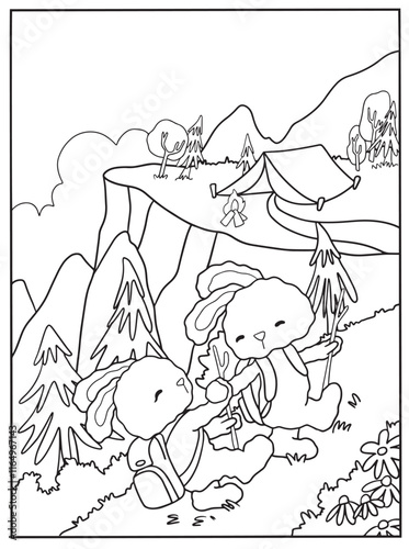 coloring book page, two rabbits hiking in a mountainous forest