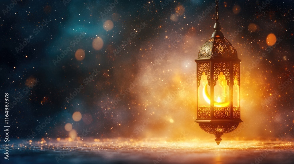 3D Eid Lantern with Candle and Golden Moon Against Dark Background 3D Eid Lantern with Candle and Golden Moon Against Dark Background