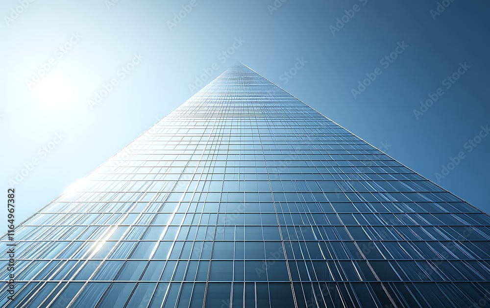 Low-angle view of a modern glass skyscraper reaching towards a bright sunlit sky. Low-angle view of a modern glass skyscraper reaching towards a bright sunlit sky.