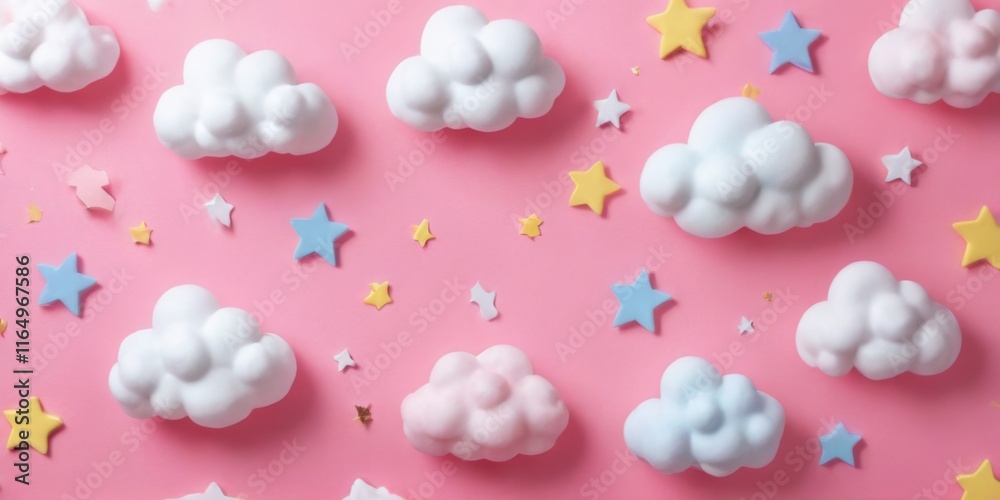 Pastel Flat Lay of White Clouds on Pink Background with Rainbow, Stars, and Scattered Arrangement, Dreamy Color Scheme. Pastel Flat Lay of White Clouds on Pink Background with Rainbow, Stars, and Scattered Arrangement, Dreamy Color Scheme.
