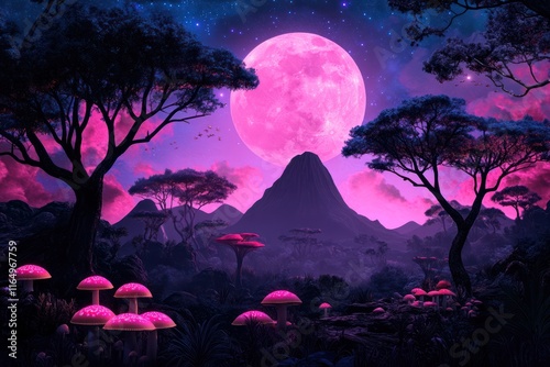 Enchanted Red Moonlit Landscape with Trees, Mountains, and Mushrooms - Abstract Painting photo