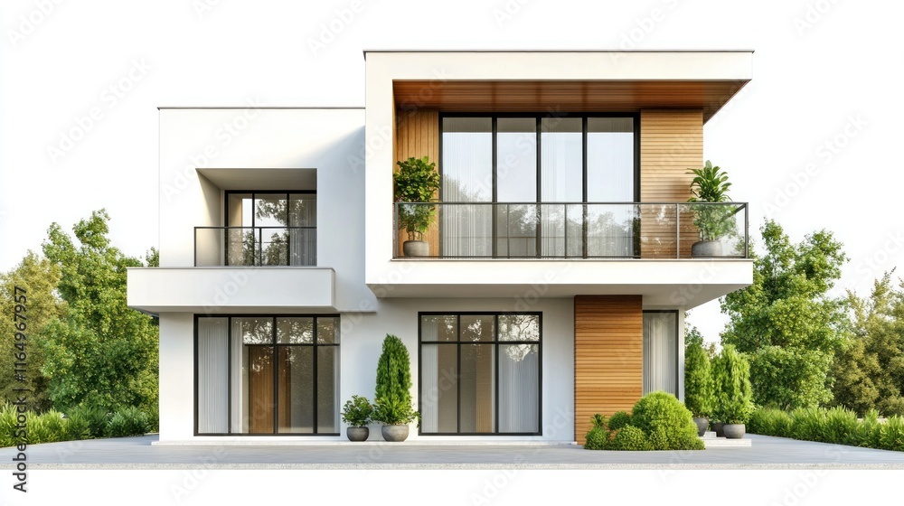 Modern Two-Story House with Balcony and Greenery Modern Two-Story House with Balcony and Greenery