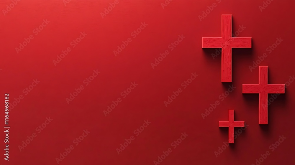 Obraz premium Three Red Wooden Crosses on Red Background