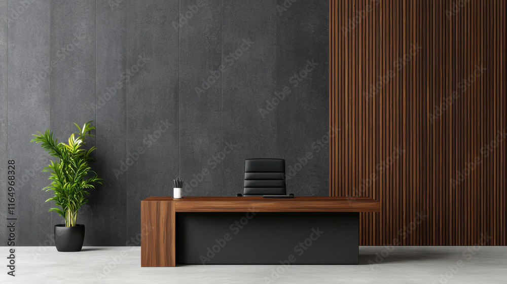 Sleek and sophisticated home office featuring elegant wooden desk, black chair, and decorative plant against modern gray wall Sleek and sophisticated home office featuring elegant wooden desk, black chair, and decorative plant against modern gray wall