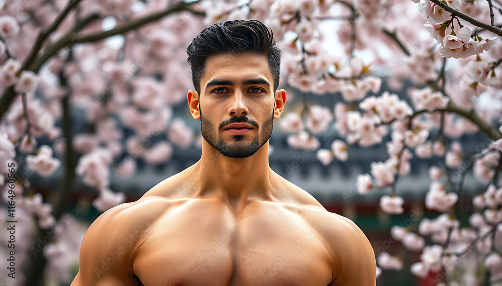 a handsome man in japan with cherry blossom a handsome man in japan with cherry blossom
