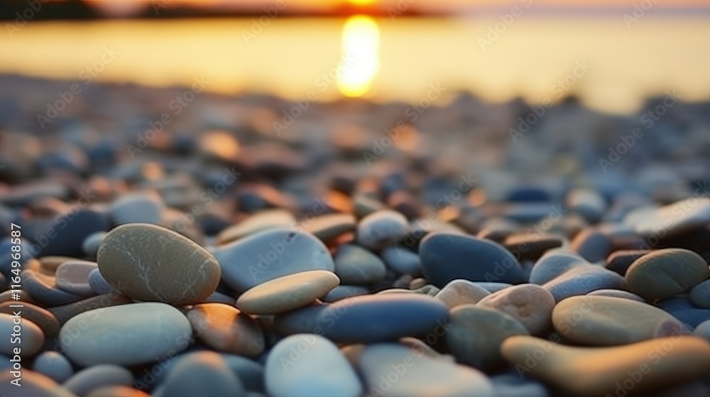 Obraz premium Tranquil Sunset Over Pebbles on a Shoreline Reflecting Golden Light with Gentle Waves in the Background