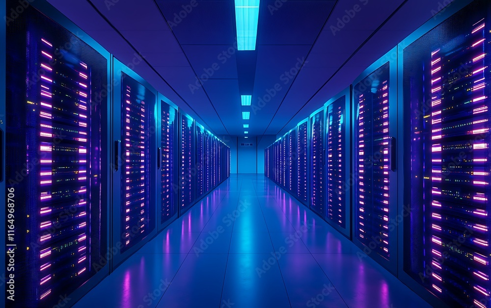 Illuminated server room corridor with rows of data storage racks. Illuminated server room corridor with rows of data storage racks.
