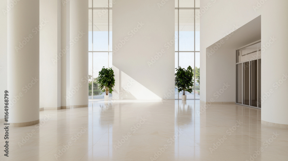 Spacious commercial building interior with minimalist design, featuring large windows and greenery. bright space exudes calm and inviting atmosphere Spacious commercial building interior with minimalist design, featuring large windows and greenery. bright space exudes calm and inviting atmosphere