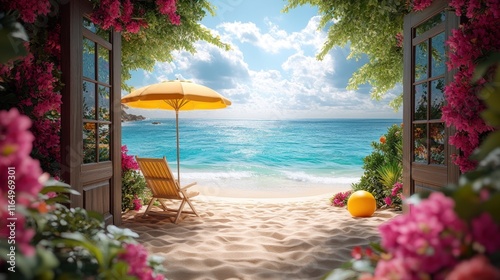 Beach view through open door, flowers, umbrella, chair.
