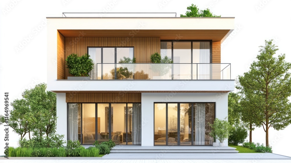 Fototapeta premium Modern Two-Story House with Balcony and Green Trees