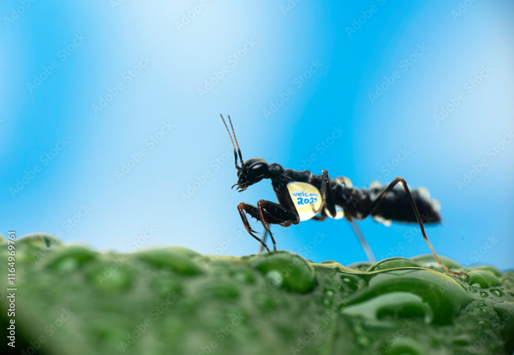 custom made wallpaper toronto digitalHappy new year 2025 written in a water drop on a praying mantis