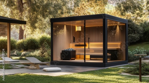 Modern outdoor sauna in a serene garden setting, designed for relaxation and wellness.