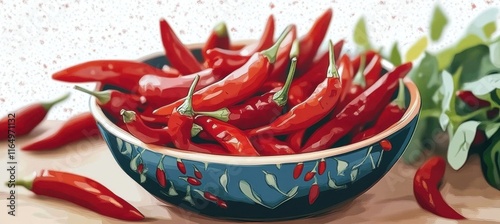 There is a bowl filled with red chili peppers on the table. photo