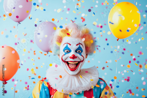 Cheerful clown with colorful makeup celebrating with balloons and confetti, expressing joy and excitement on a vibrant blue background
