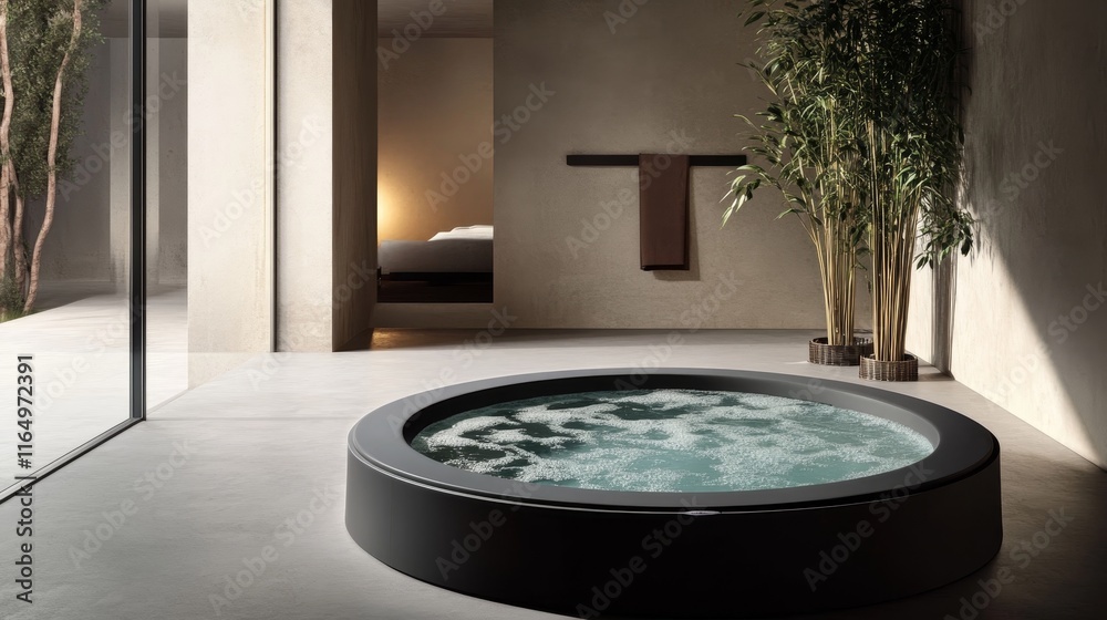 Fototapeta premium Modern bathroom featuring a round hot tub with water, surrounded by minimalist decor.