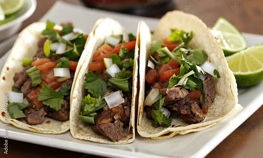 Delicious beef tacos with cilantro, onions, salsa, and lime wedges.