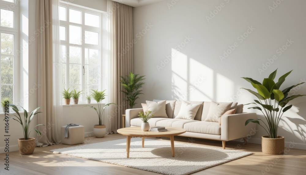 Fototapeta premium Elegant living room with large windows and a beige sofa, creating a warm and inviting space, perfect for home decor or interior design concepts.