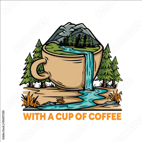 A cup of coffee with a waterfall in the background. The idea is to enjoy a cup of coffee while surrounded by nature