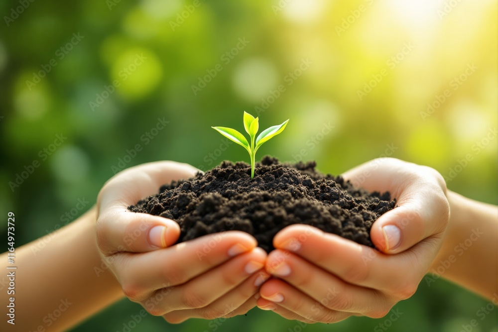 Hands gently cradling soil with a young green seedling growing, on a blurred natural background. Concept of growth, care, and environmental sustainability. Ai generative Hands gently cradling soil with a young green seedling growing, on a blurred natural background. Concept of growth, care, and environmental sustainability. Ai generative