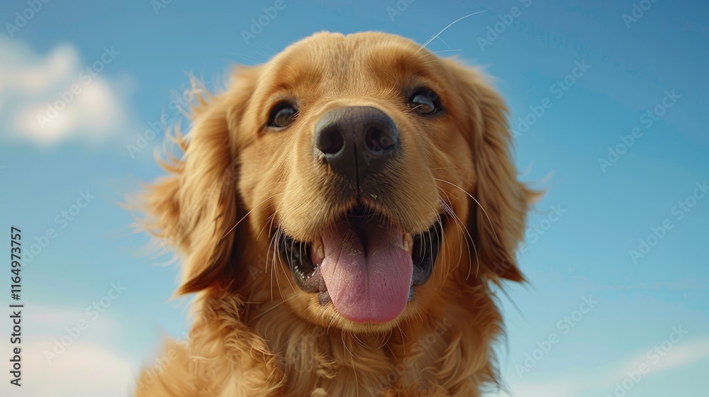 A happy golden retriever with a playful expression against a clear blue sky. A happy golden retriever with a playful expression against a clear blue sky.