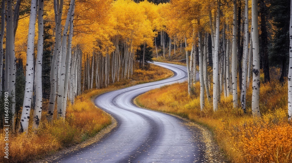 Obraz premium Winding Road through a Golden Aspen Grove