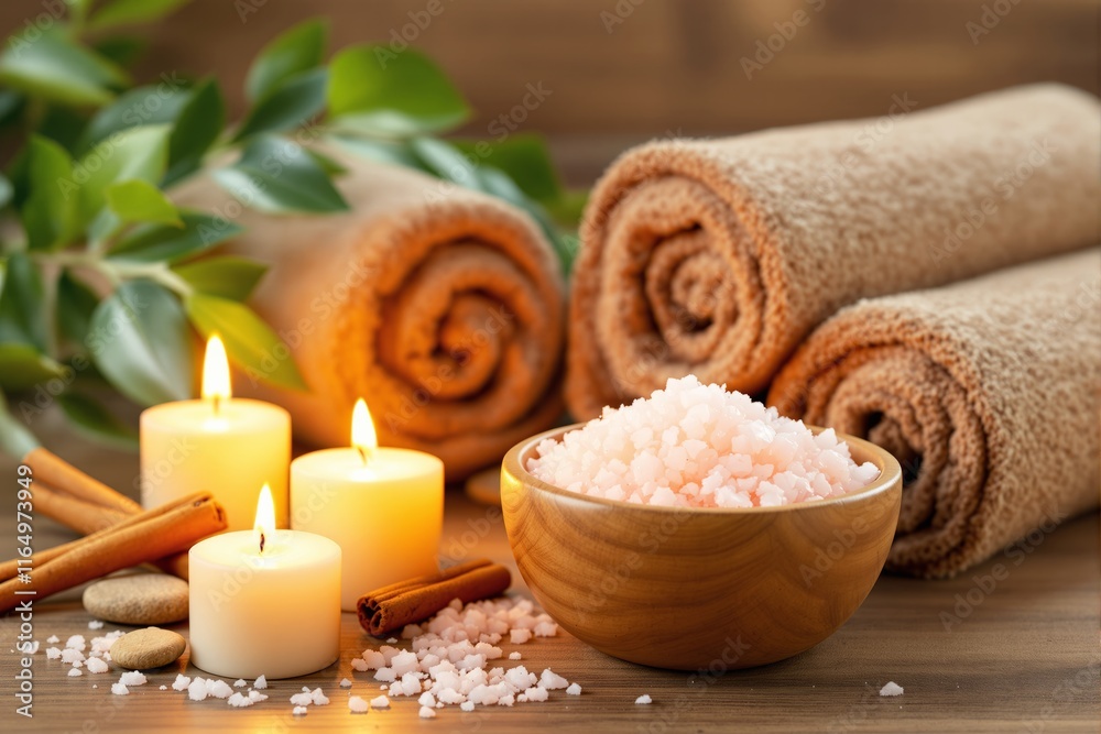 Aromatic spa setup with glowing candles, rolled towels, Himalayan salt in a wooden bowl, green leaves, and cinnamon sticks on a wooden surface. Relaxation concept. Ai generative. Aromatic spa setup with glowing candles, rolled towels, Himalayan salt in a wooden bowl, green leaves, and cinnamon sticks on a wooden surface. Relaxation concept. Ai generative.