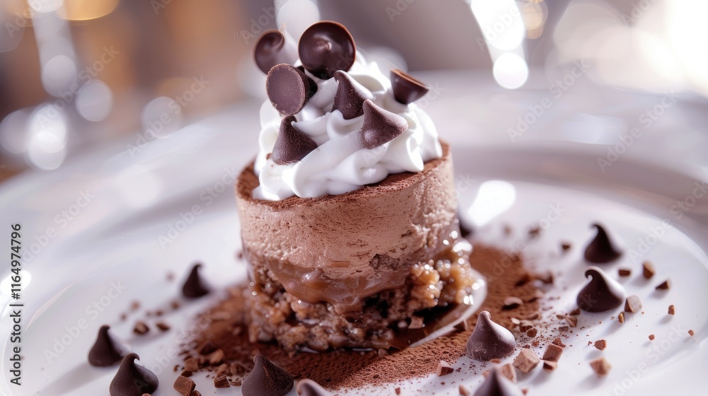 A delicious chocolate dessert topped with whipped cream and chocolate chips on a decorative plate. A delicious chocolate dessert topped with whipped cream and chocolate chips on a decorative plate.