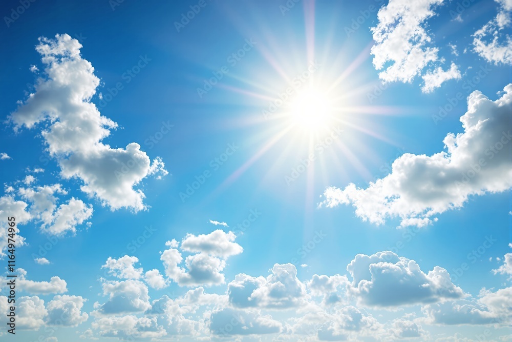 Vivid blue sky featuring fluffy white clouds and a radiant sunburst. Realistic style, natural background. Concept of serenity and brightness. Ai generative Vivid blue sky featuring fluffy white clouds and a radiant sunburst. Realistic style, natural background. Concept of serenity and brightness. Ai generative