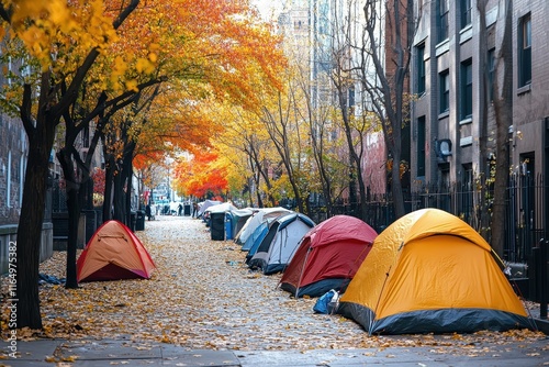 Tents line a city street, autumn leaves scattered. Depicts homelessness and urban poverty during fall.