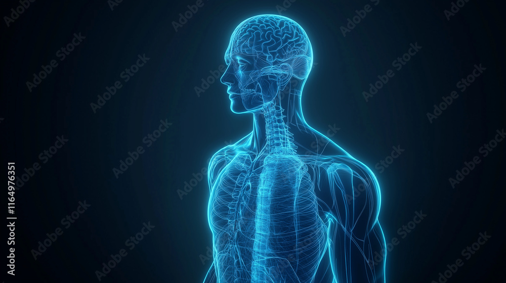 Human anatomy hologram display, futuristic medical visualization, clean dark background, blue lighting. Human anatomy hologram display, futuristic medical visualization, clean dark background, blue lighting.
