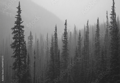 Monochrome forest landscape in mist; tall evergreen trees on mountainside.